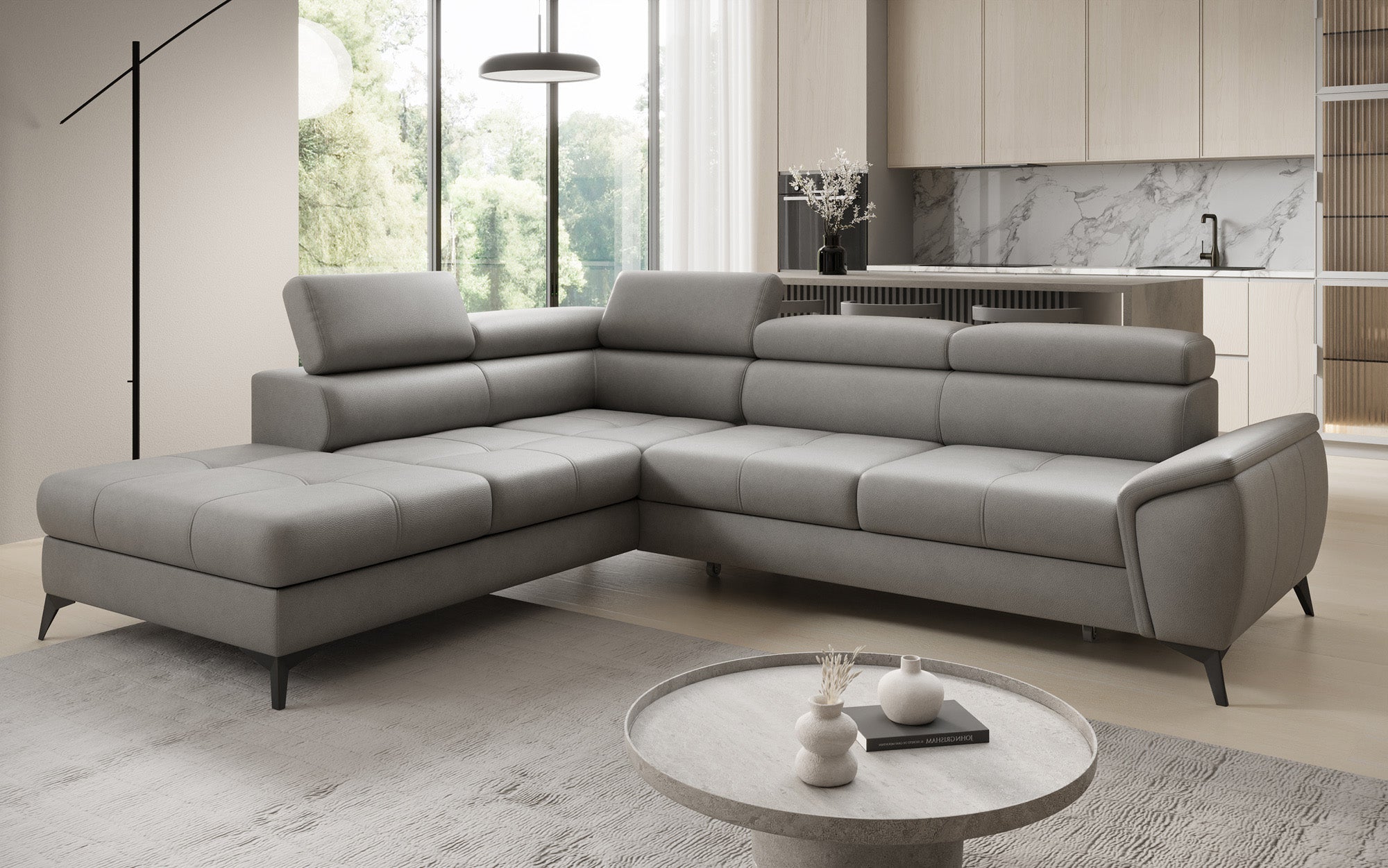 Canapé d'angle L Aveline avec fonction couchage et rangement en cuir véritable