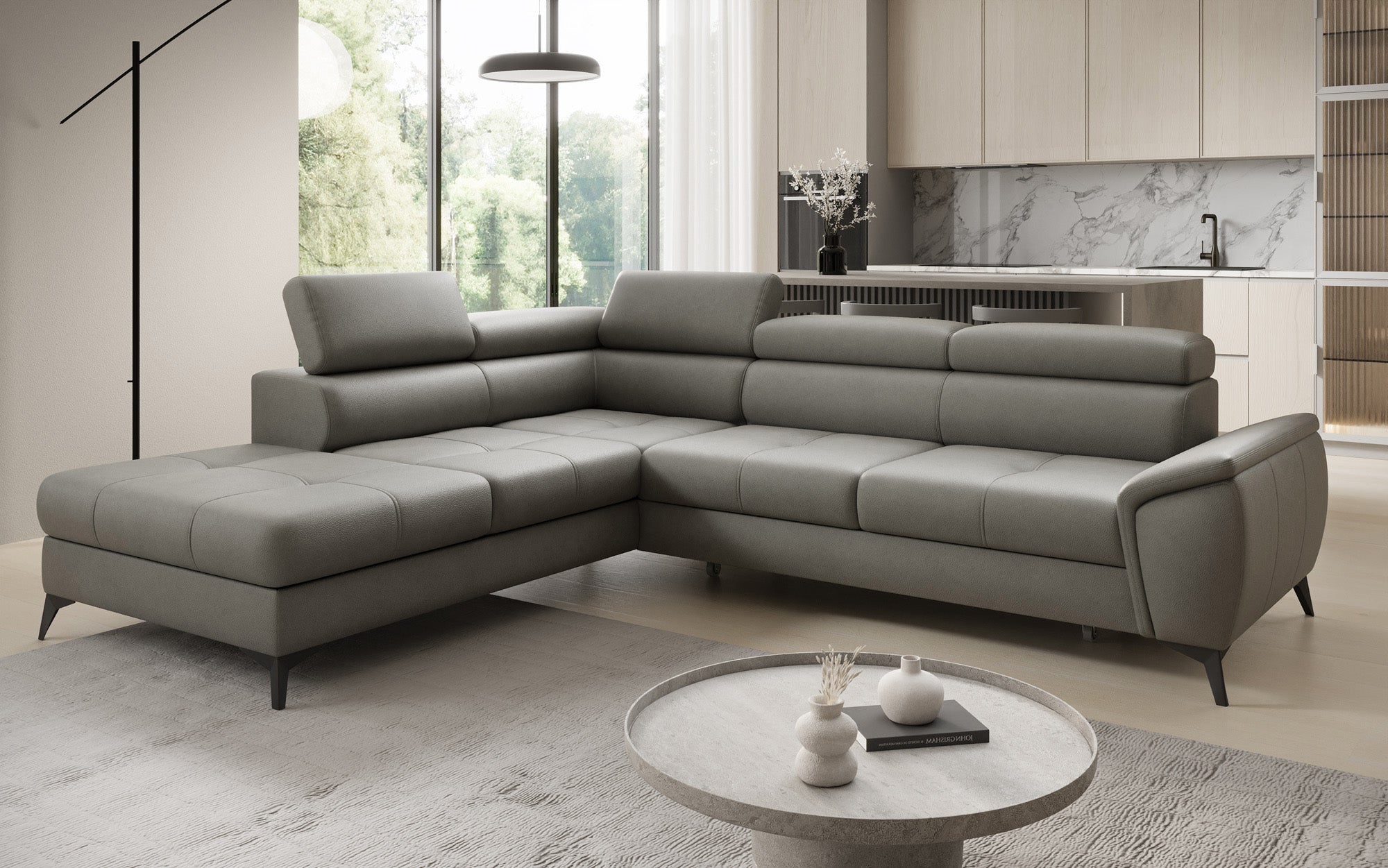 Canapé d'angle L Aveline avec fonction couchage et rangement en cuir véritable
