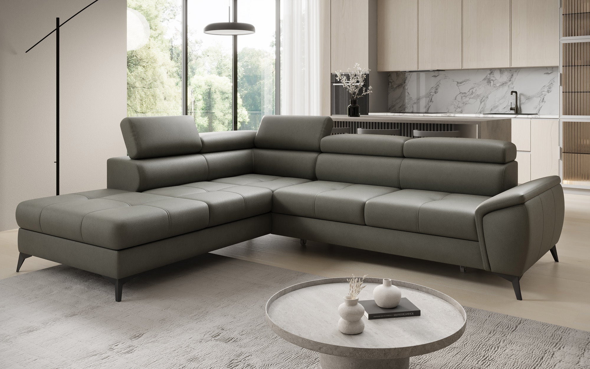 Canapé d'angle L Aveline avec fonction couchage et rangement en cuir véritable
