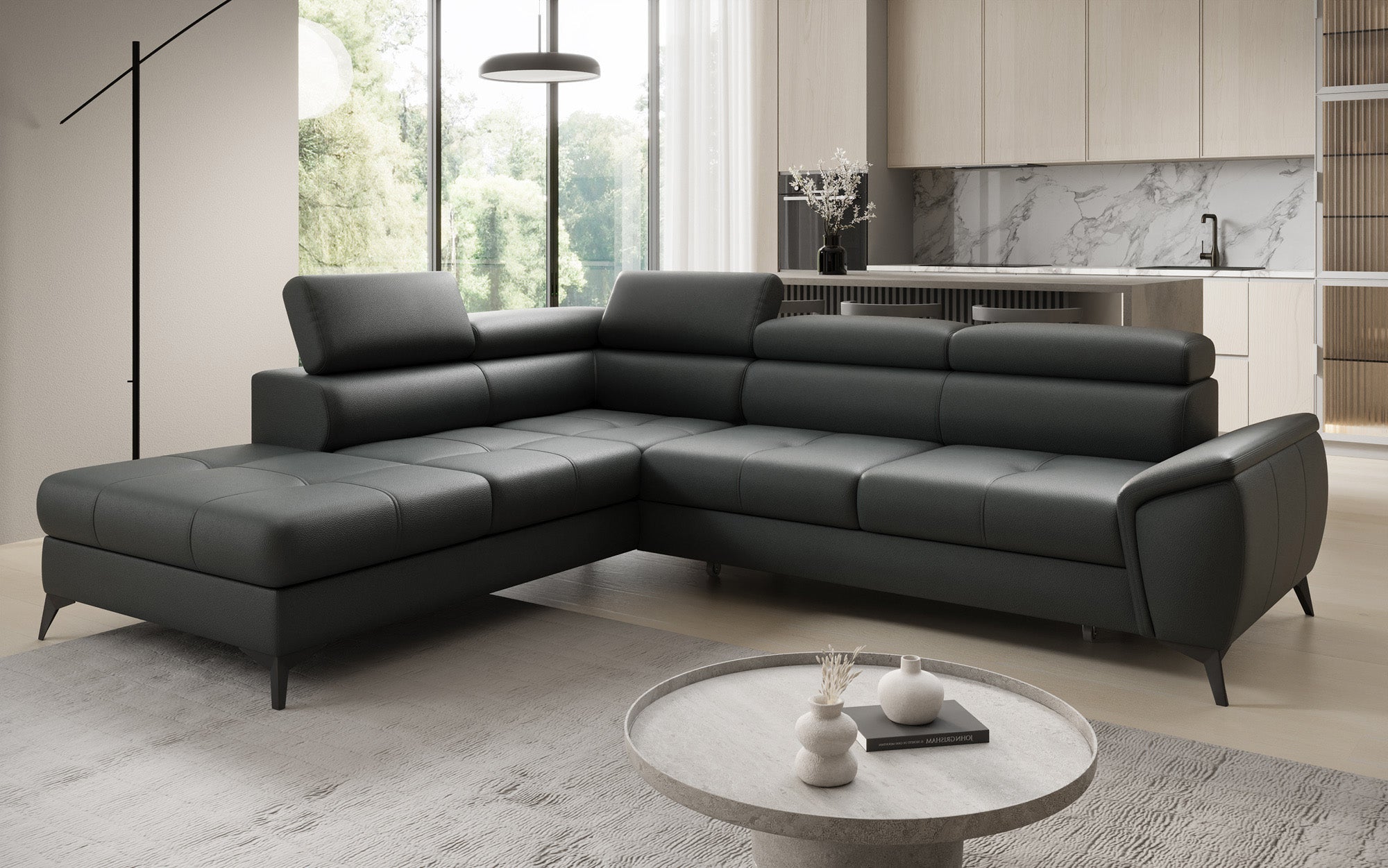 Canapé d'angle L Aveline avec fonction couchage et rangement en cuir véritable
