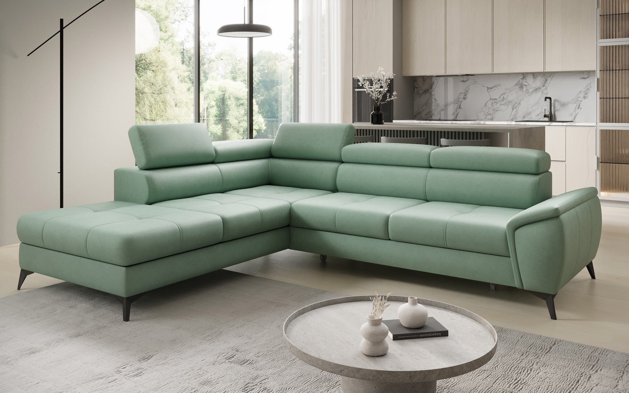 Canapé d'angle L Aveline avec fonction couchage et rangement en cuir véritable