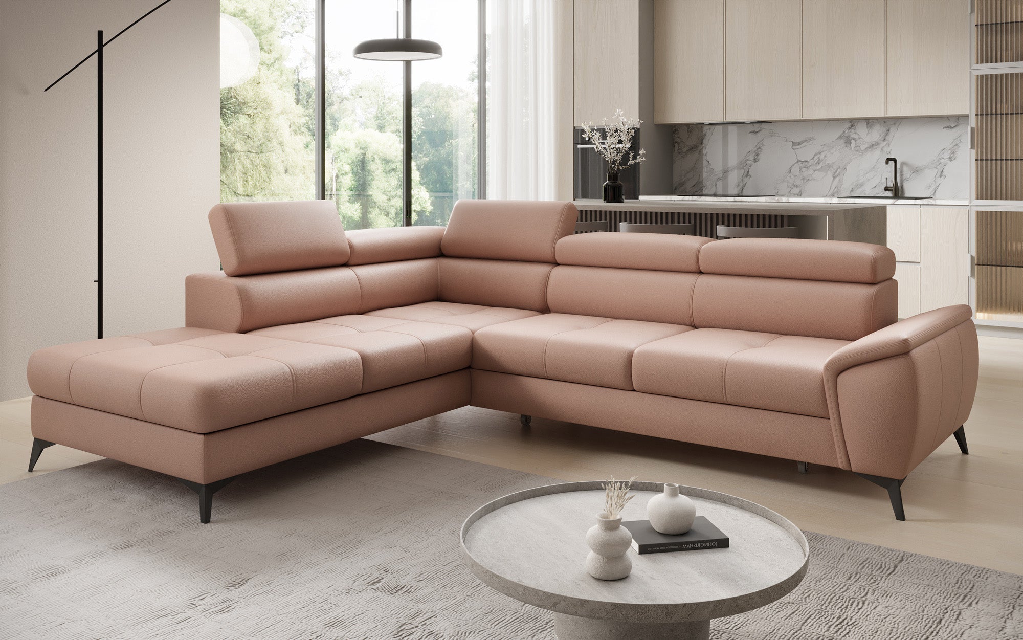 Canapé d'angle L Aveline avec fonction couchage et rangement en cuir véritable
