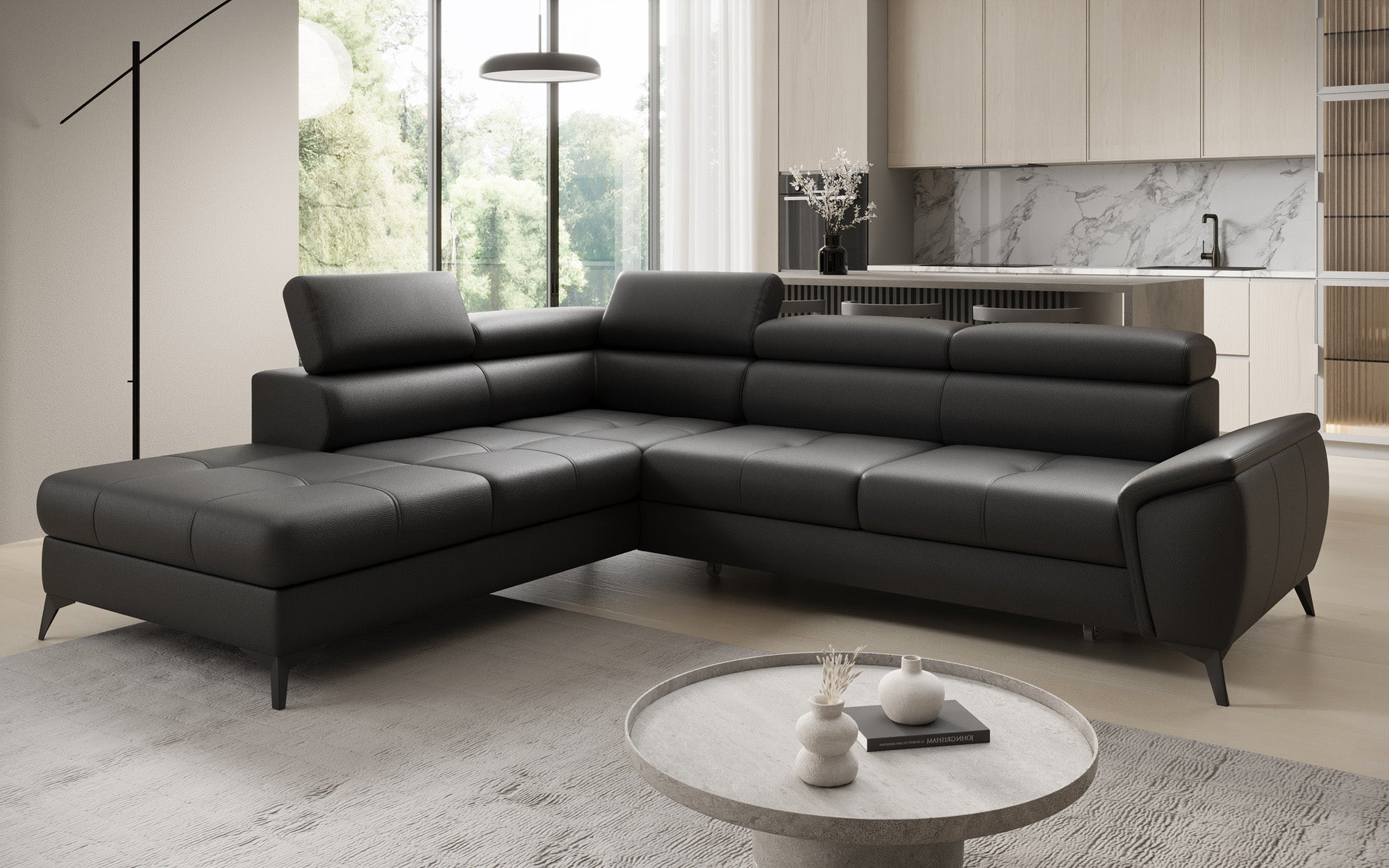 Canapé d'angle L Aveline avec fonction couchage et rangement en cuir véritable