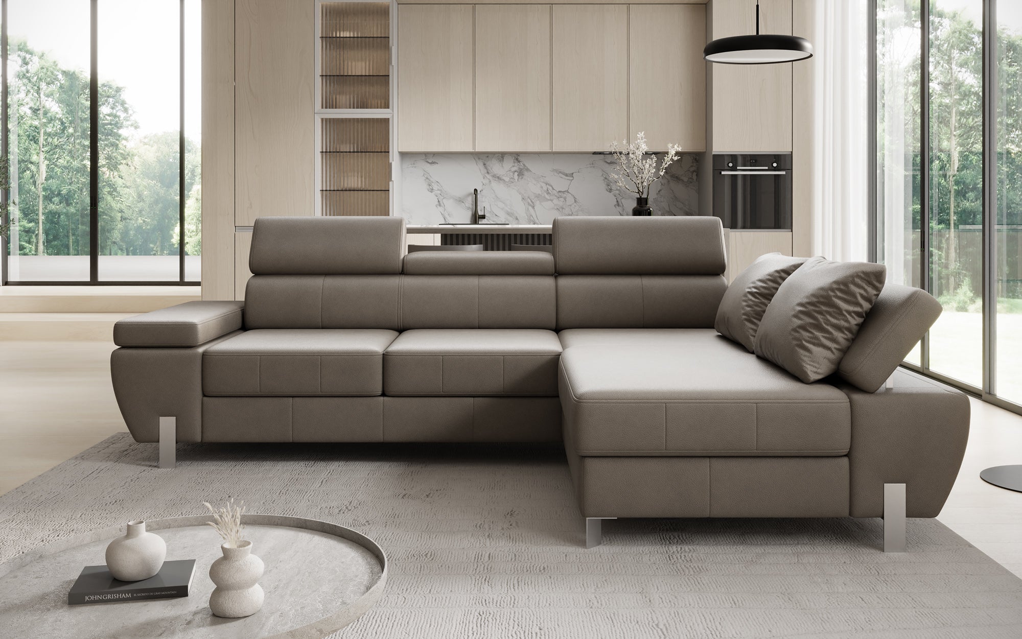 Canapé d'angle L Calista avec fonction couchage et rangement en cuir véritable