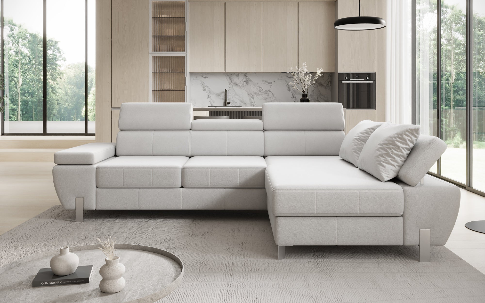 Canapé d'angle L Calista avec fonction couchage et rangement en cuir véritable