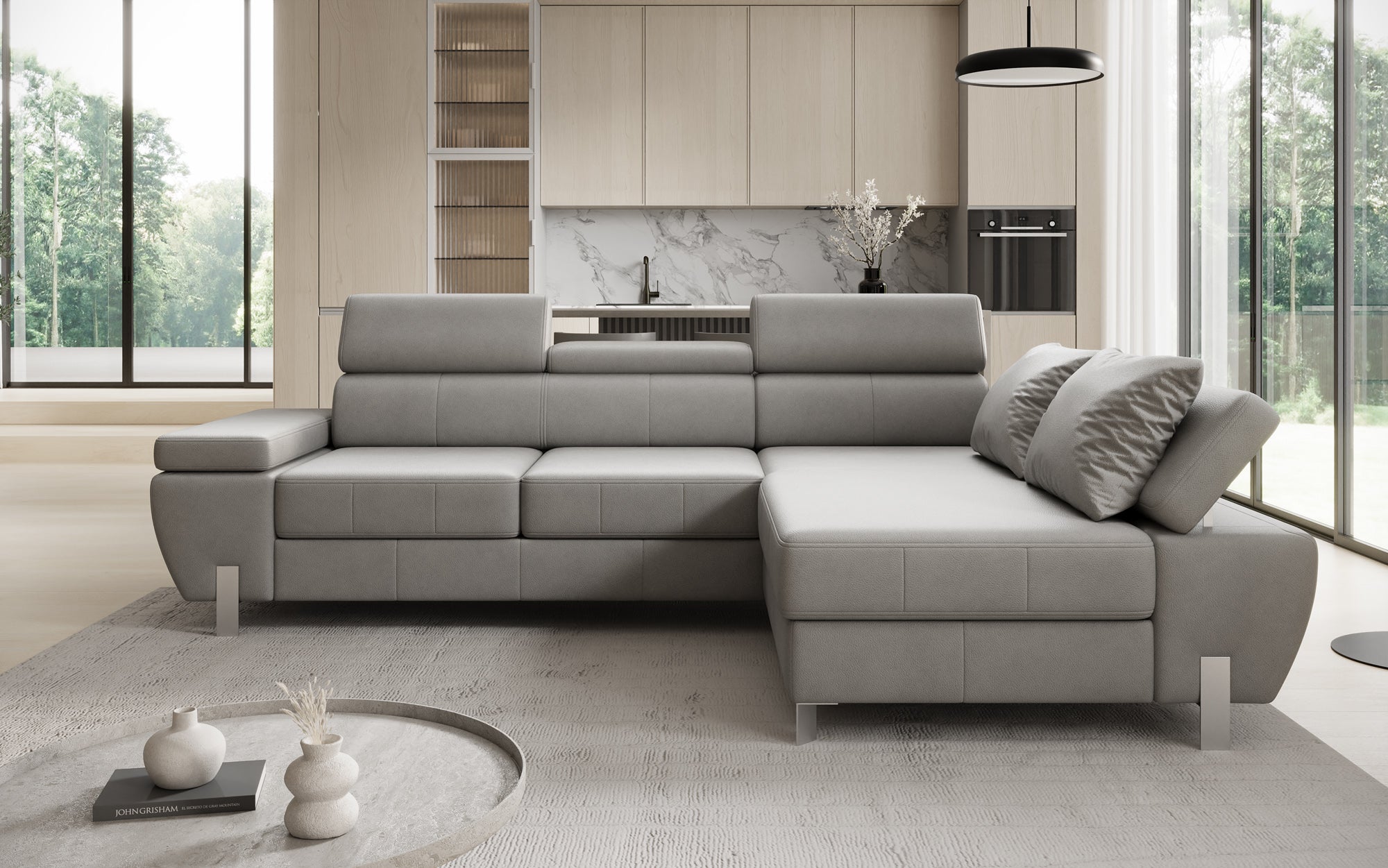 Canapé d'angle L Calista avec fonction couchage et rangement en cuir véritable