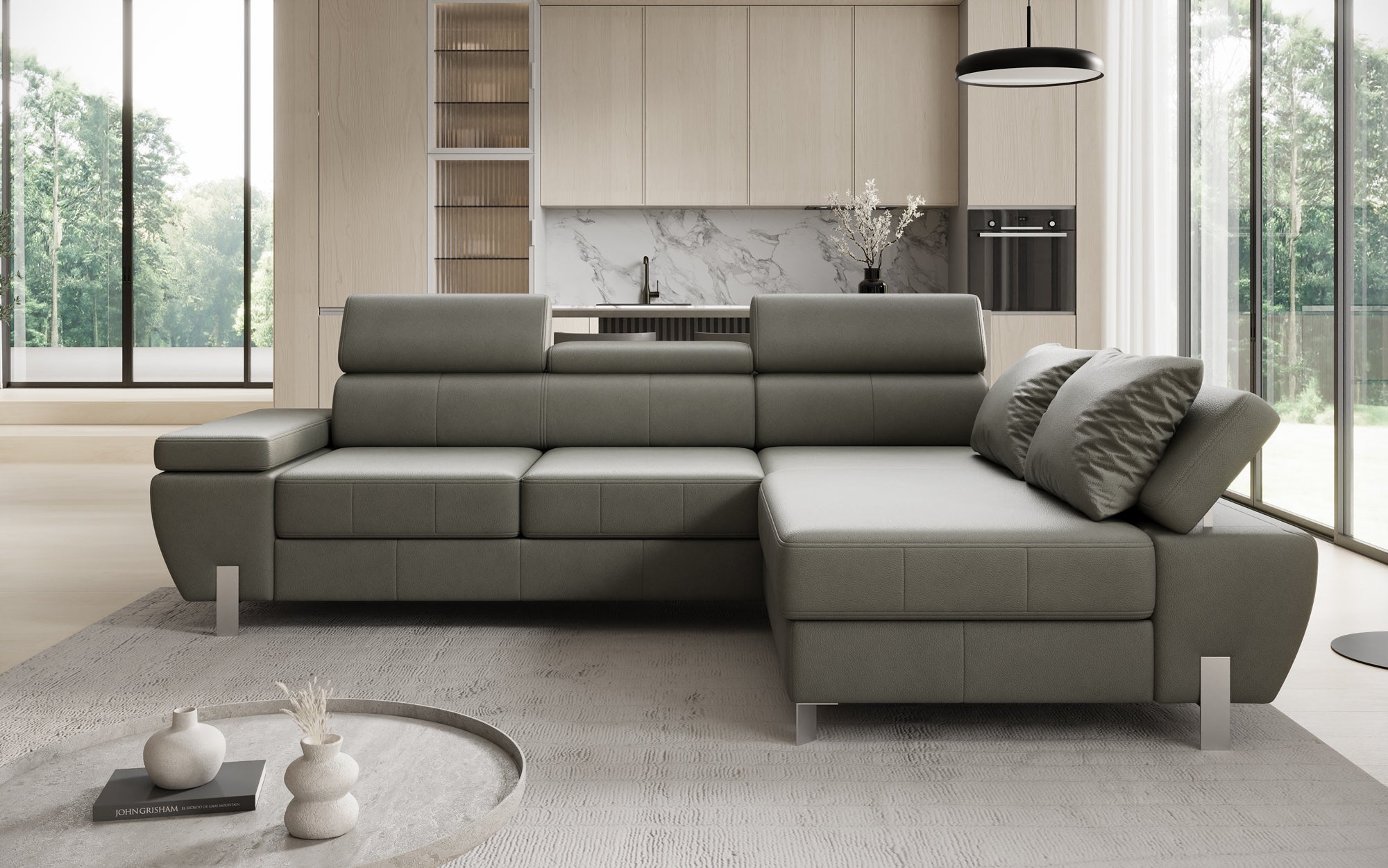 Canapé d'angle L Calista avec fonction couchage et rangement en cuir véritable