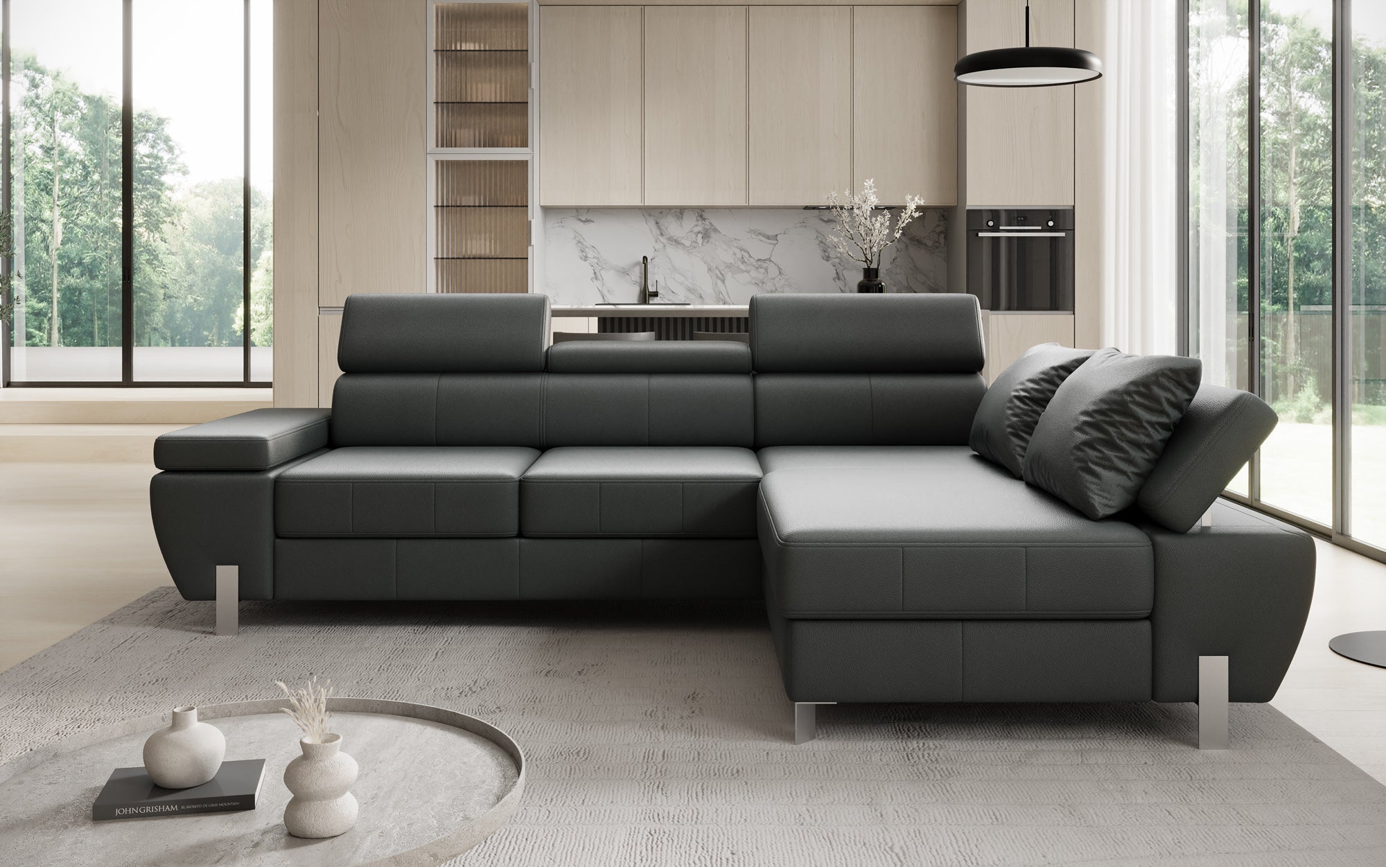 Canapé d'angle L Calista avec fonction couchage et rangement en cuir véritable