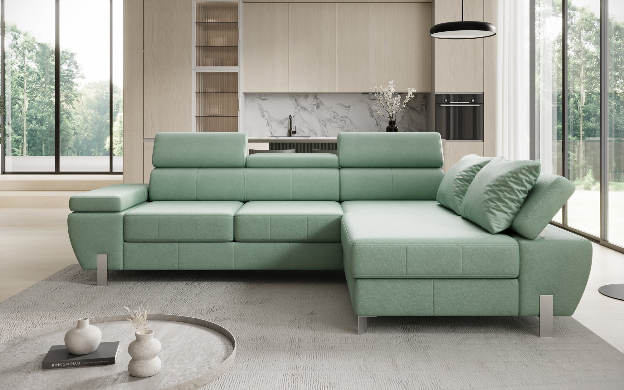 Canapé d'angle L Calista avec fonction couchage et rangement en cuir véritable