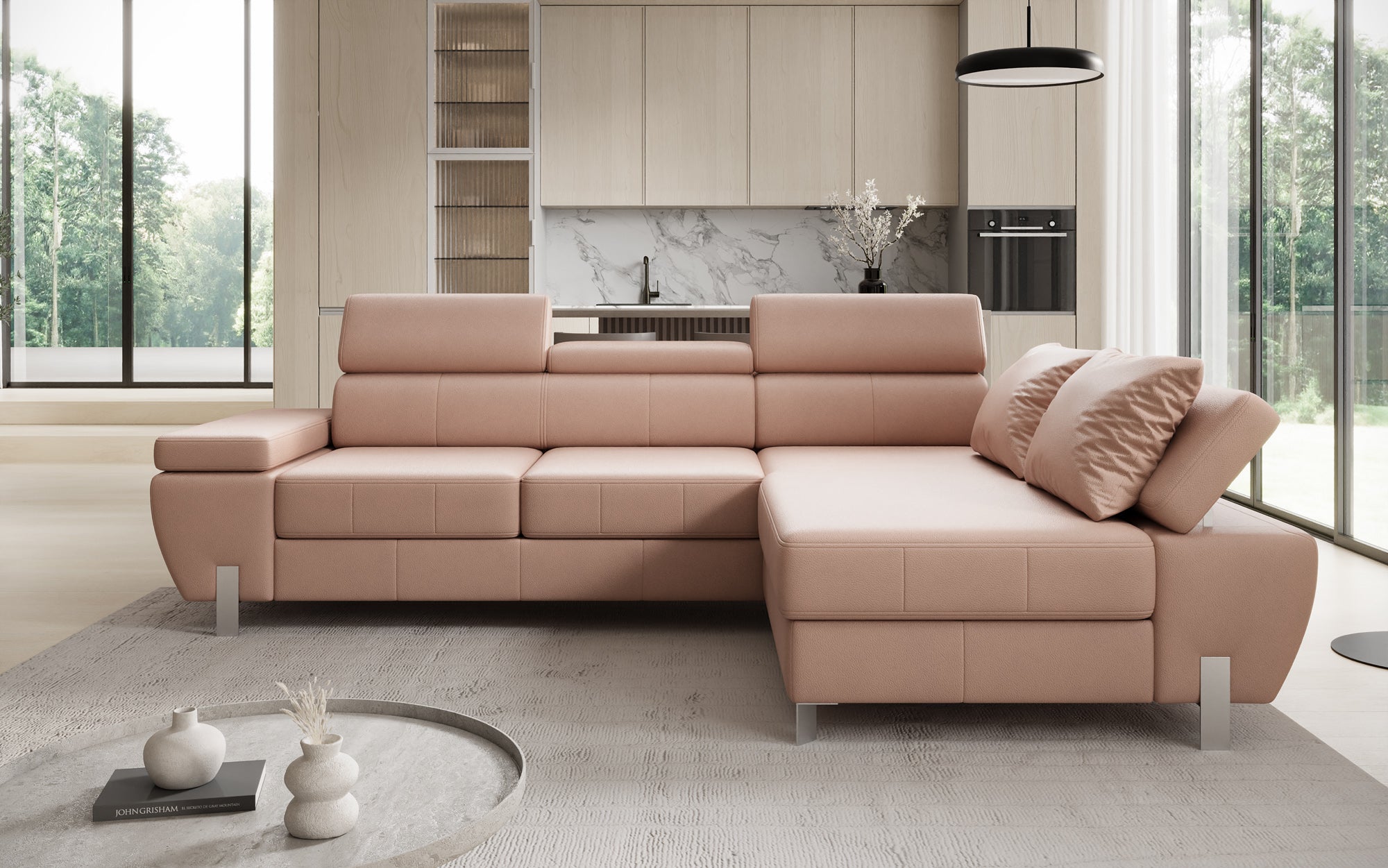 Canapé d'angle L Calista avec fonction couchage et rangement en cuir véritable