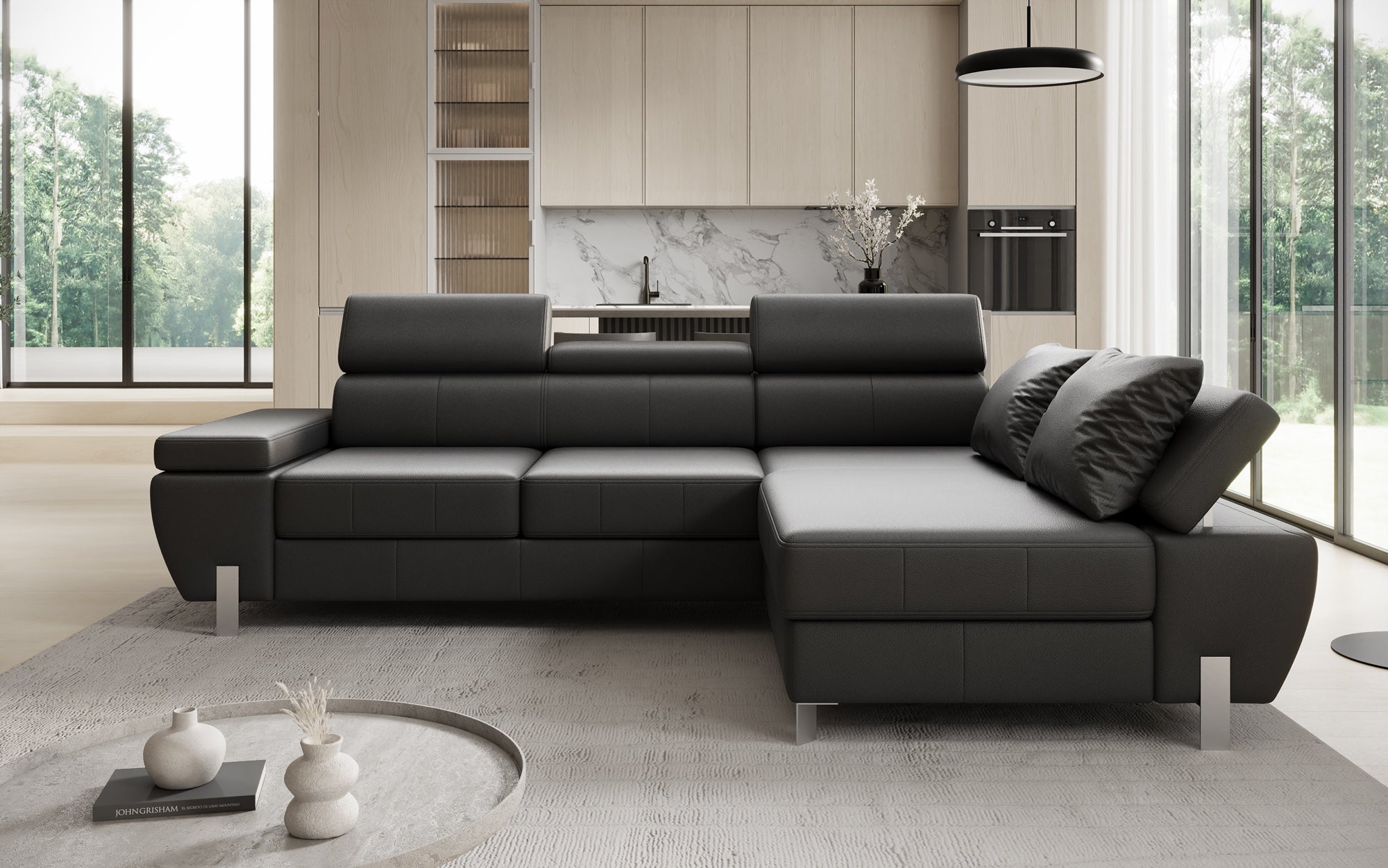 Canapé d'angle L Calista avec fonction couchage et rangement en cuir véritable