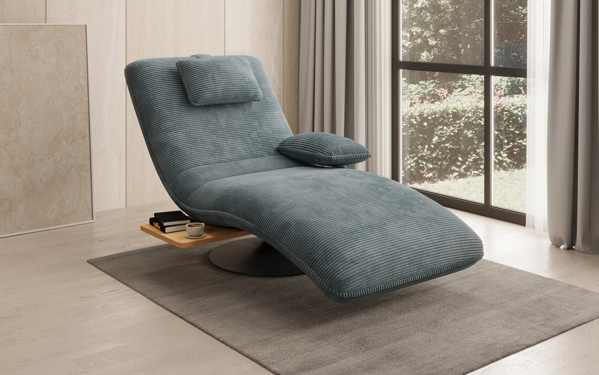 Chaise longue relaxante design en velours côtelé avec fonction pivotante et table d'appoint