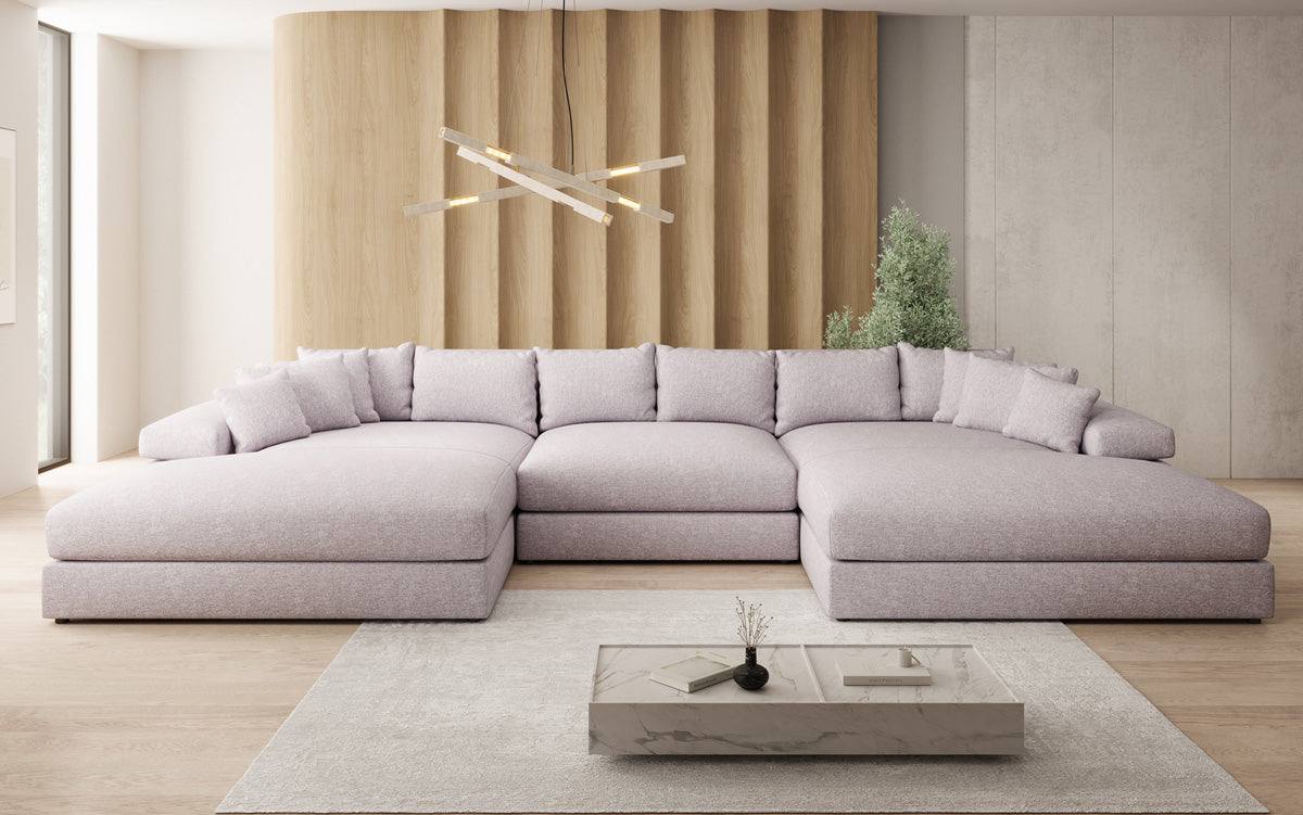 Canapé design Bernardo U avec large ottomane en tissu texturé