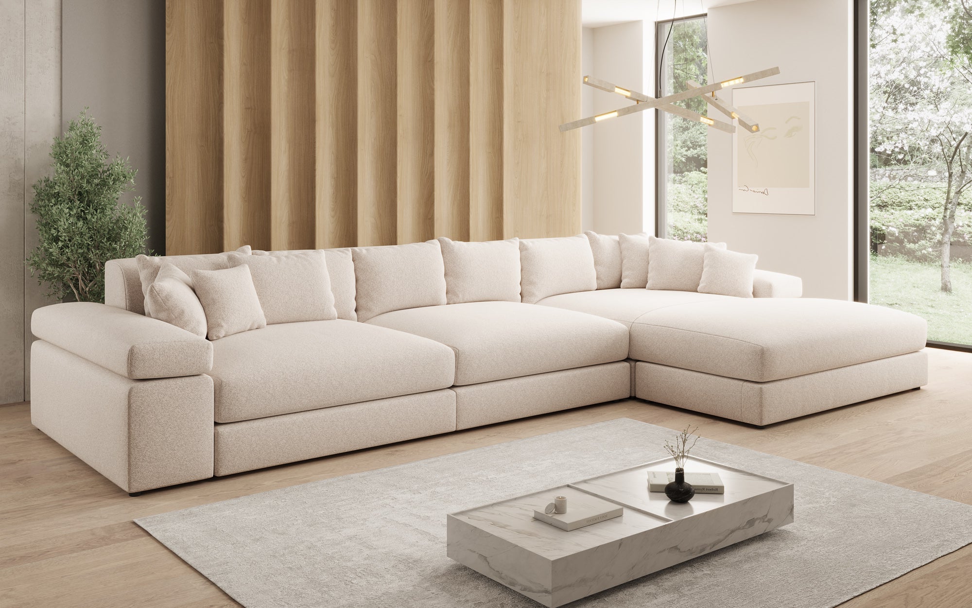 Canapé design Bernardo L Maxi avec large ottomane en tissu texturé