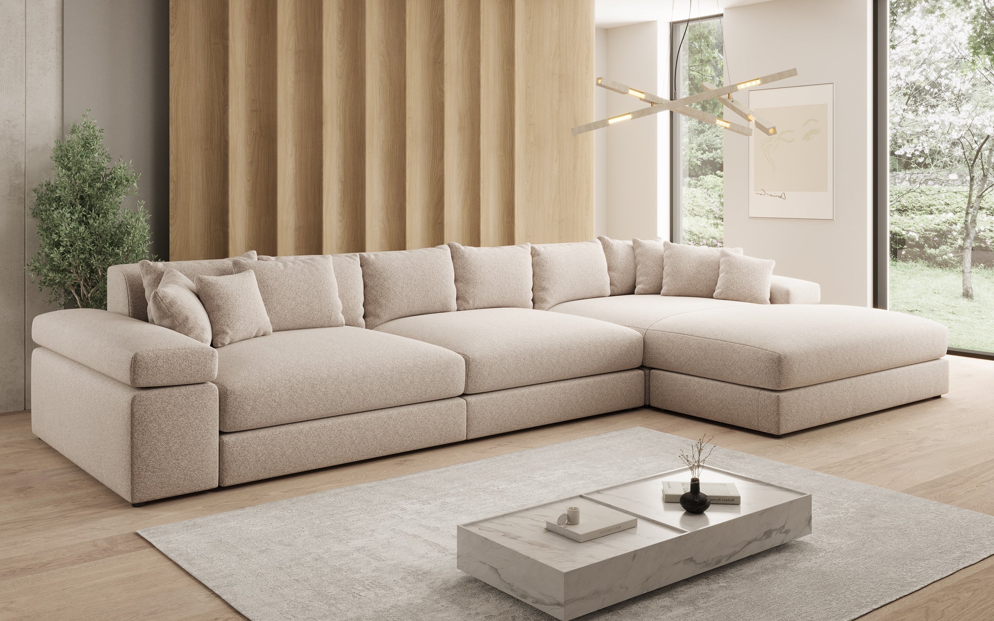 Canapé design Bernardo L Maxi avec large ottomane en tissu texturé