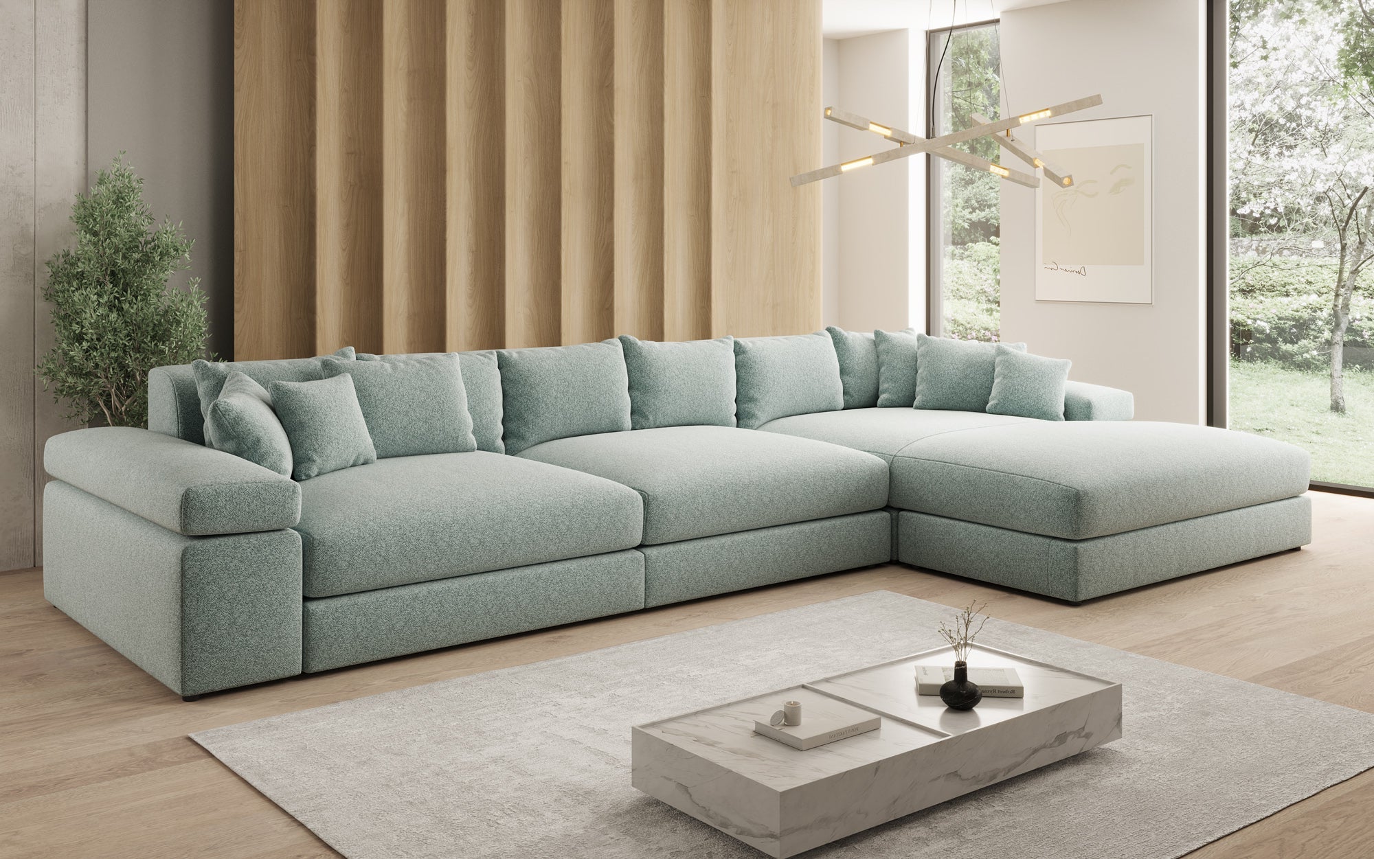 Canapé design Bernardo L Maxi avec large ottomane en tissu texturé