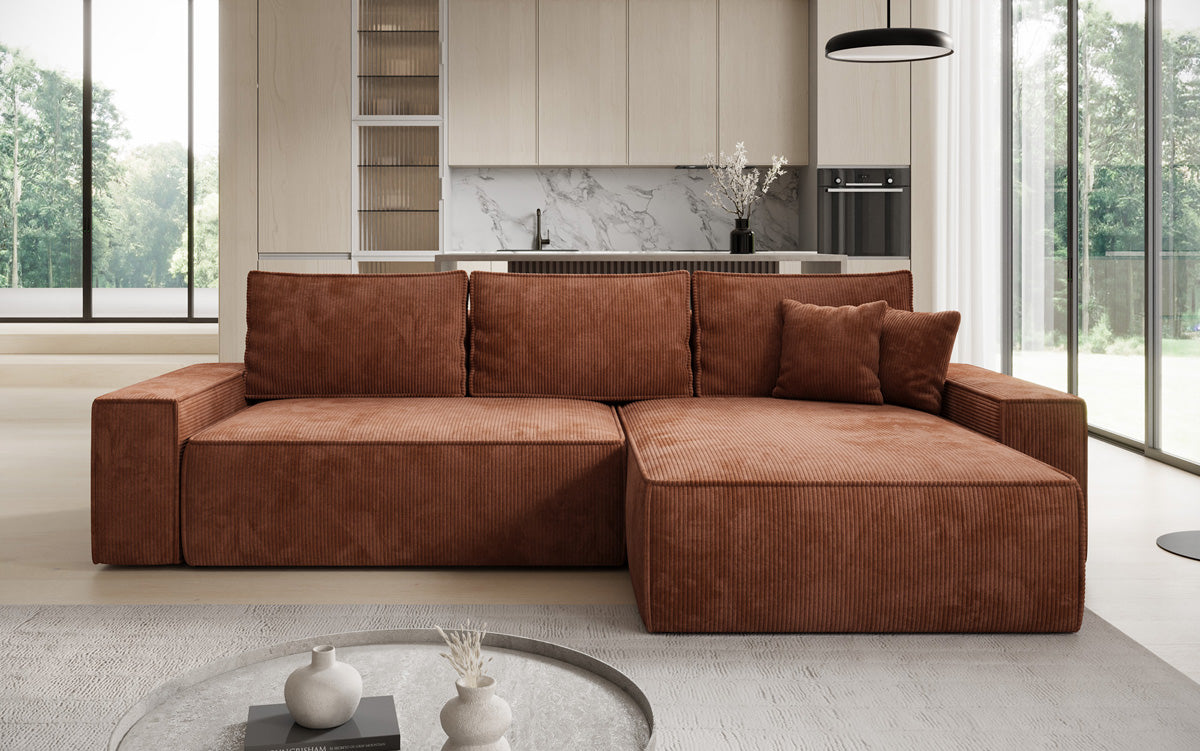 Canapé d’angle design Lunaro avec fonction couchage et fonction rabattable en Côtelé
