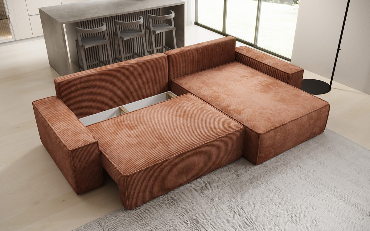 Canapé d’angle design Lunaro avec fonction couchage et fonction rabattable en Côtelé
