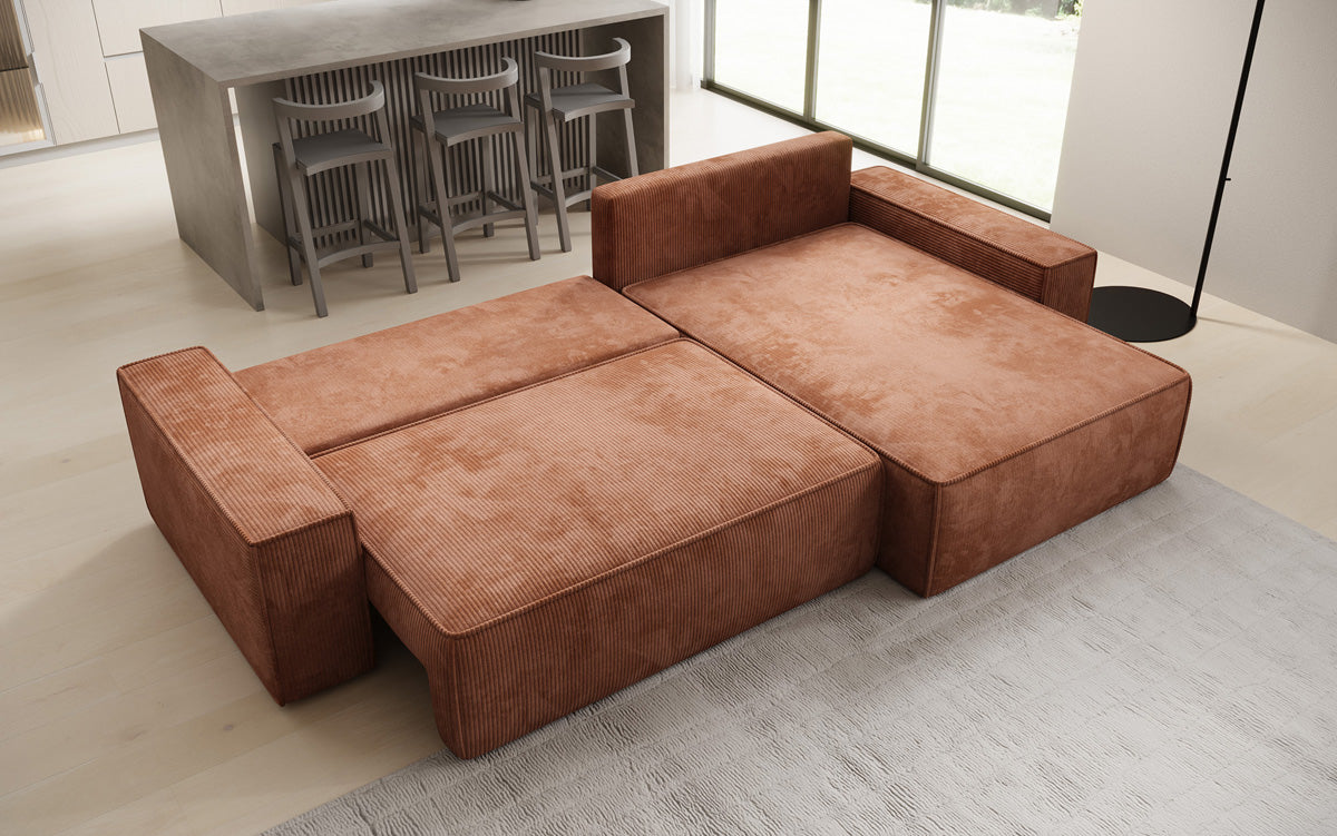 Canapé d’angle design Lunaro avec fonction couchage et fonction rabattable en Côtelé