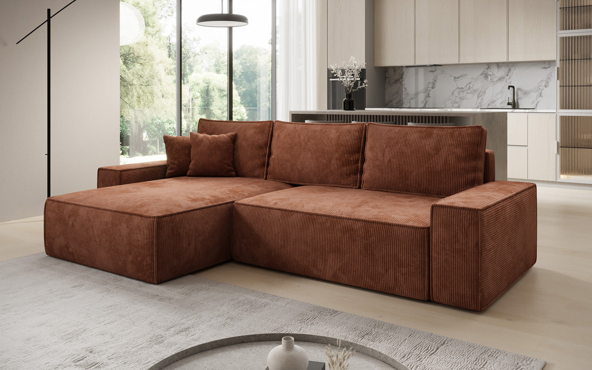 Canapé d’angle design Lunaro avec fonction couchage et fonction rabattable en Côtelé