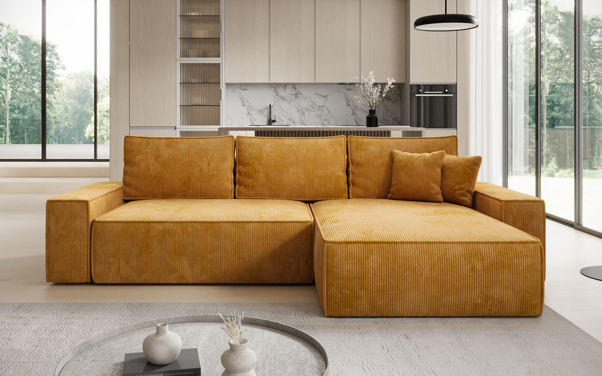 Canapé d’angle design Lunaro avec fonction couchage et fonction rabattable en Côtelé