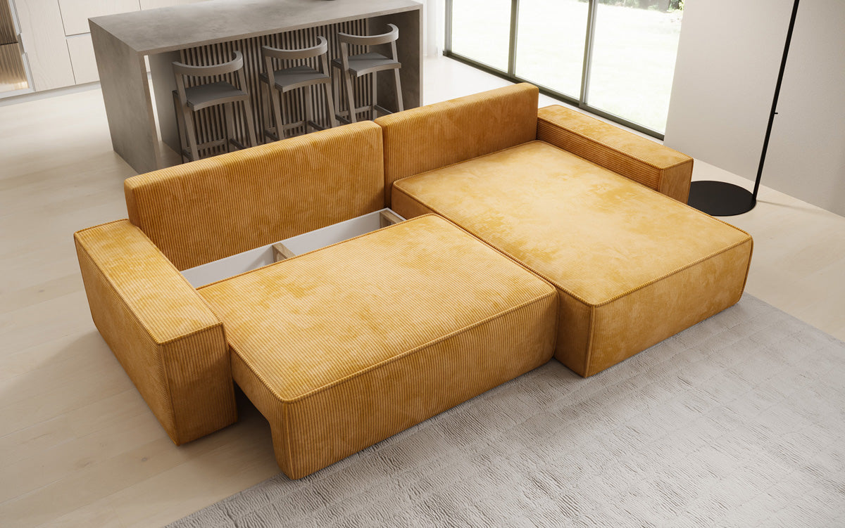 Canapé d’angle design Lunaro avec fonction couchage et fonction rabattable en Côtelé