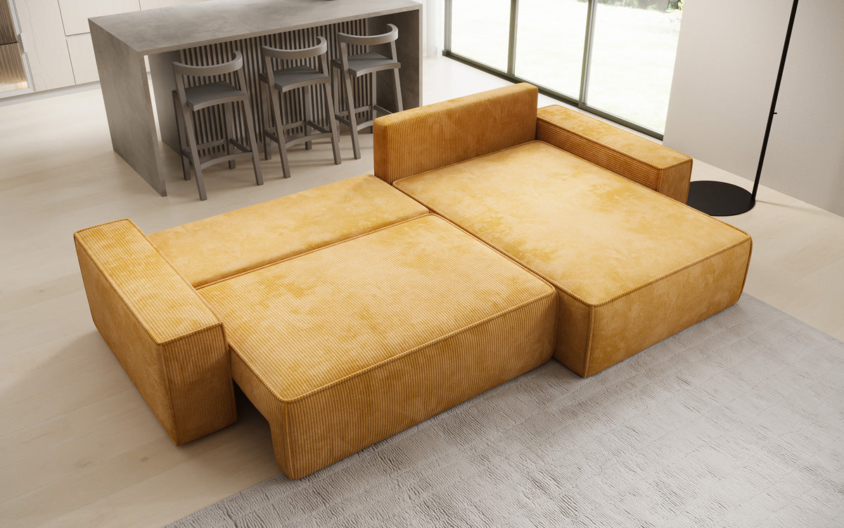 Canapé d’angle design Lunaro avec fonction couchage et fonction rabattable en Côtelé