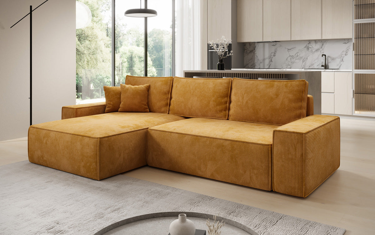 Canapé d’angle design Lunaro avec fonction couchage et fonction rabattable en Côtelé