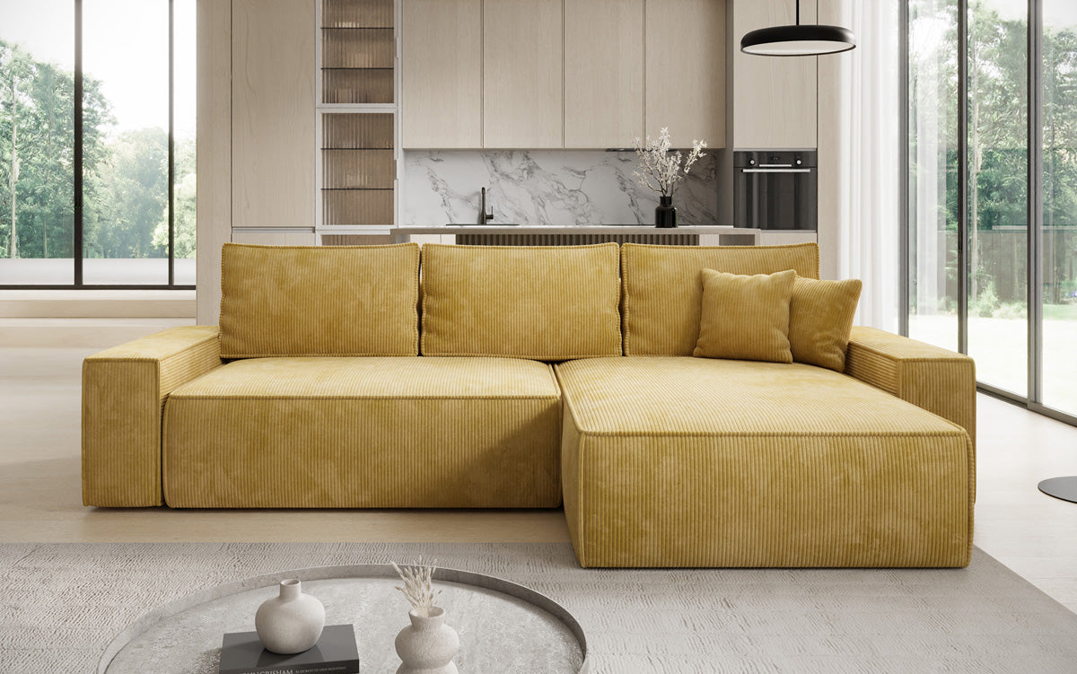 Canapé d’angle design Lunaro avec fonction couchage et fonction rabattable en Côtelé
