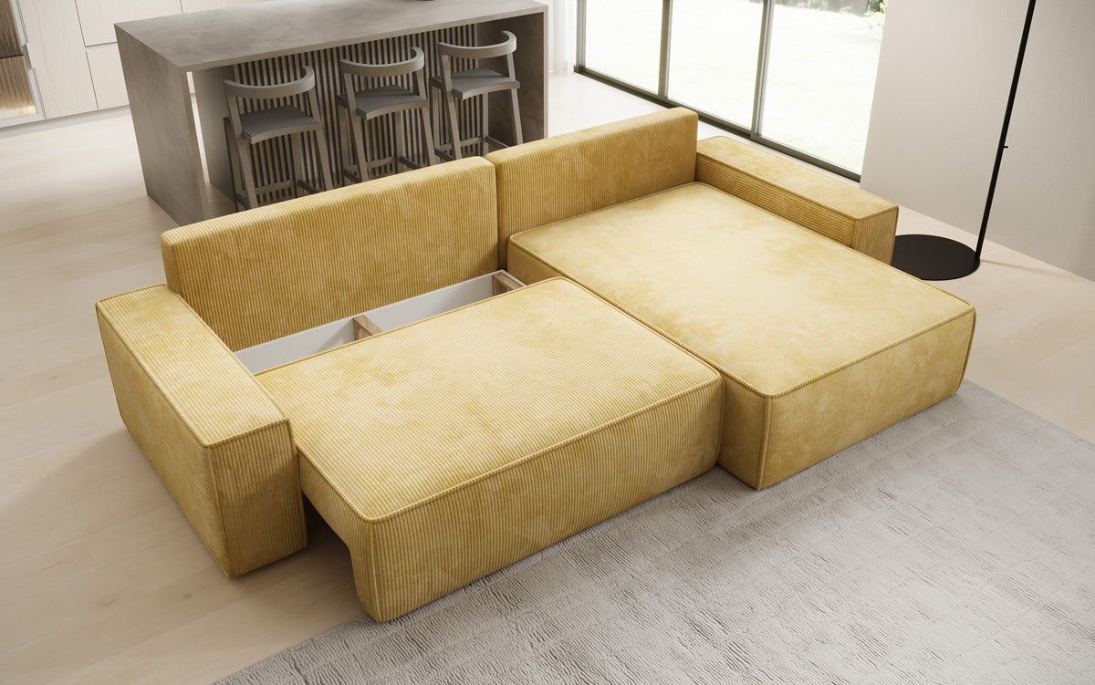 Canapé d’angle design Lunaro avec fonction couchage et fonction rabattable en Côtelé