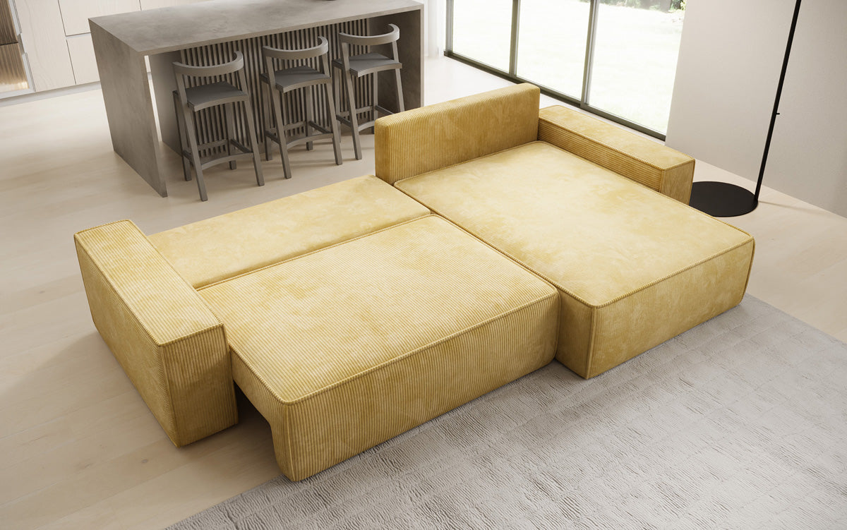 Canapé d’angle design Lunaro avec fonction couchage et fonction rabattable en Côtelé