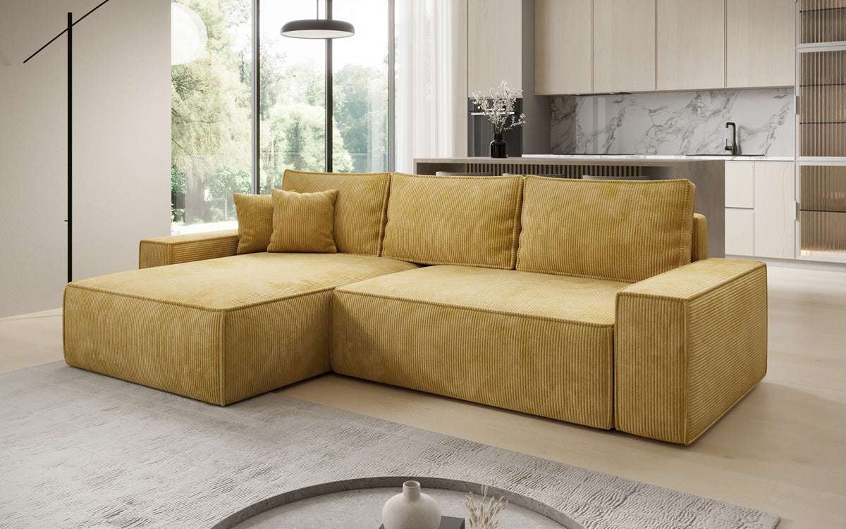 Canapé d’angle design Lunaro avec fonction couchage et fonction rabattable en Côtelé