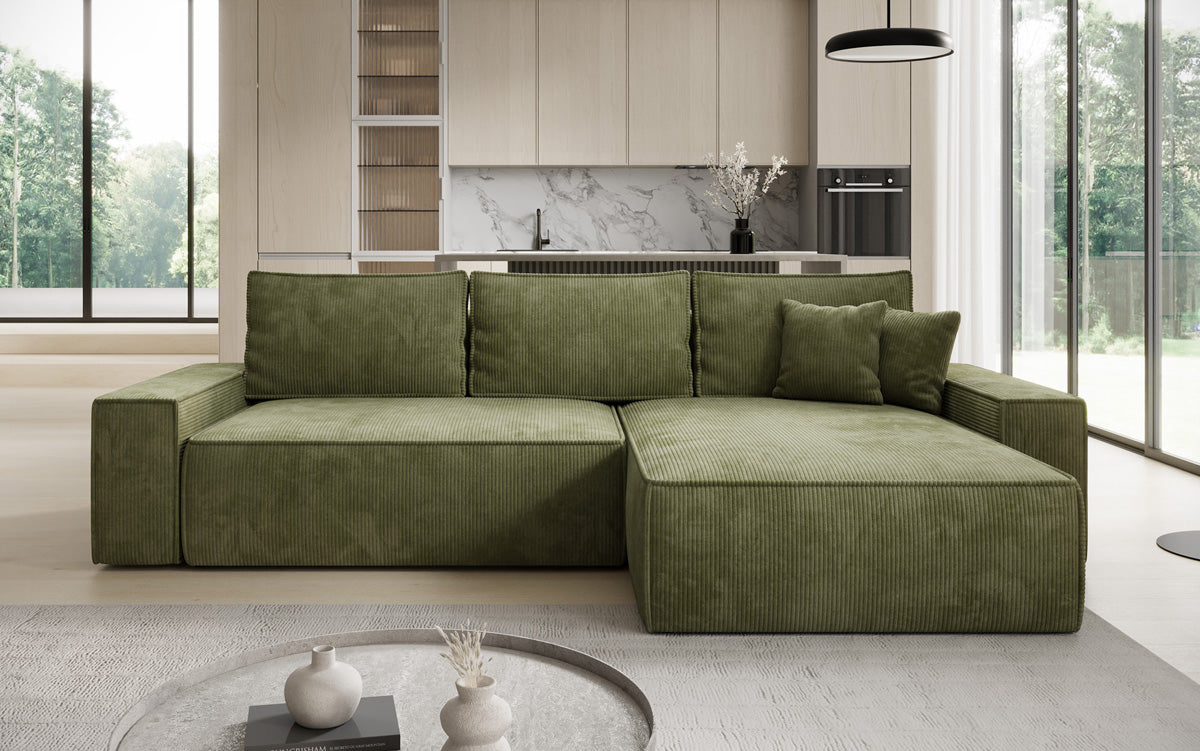 Canapé d’angle design Lunaro avec fonction couchage et fonction rabattable en Côtelé