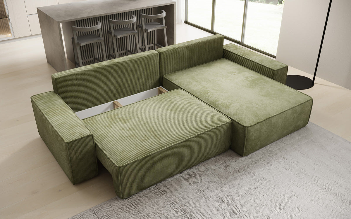 Canapé d’angle design Lunaro avec fonction couchage et fonction rabattable en Côtelé