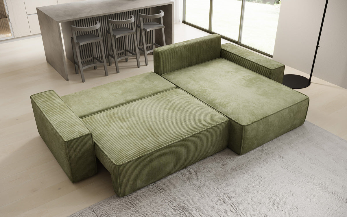 Canapé d’angle design Lunaro avec fonction couchage et fonction rabattable en Côtelé