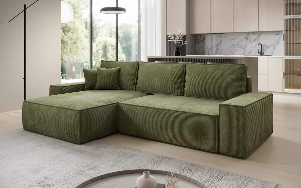 Canapé d’angle design Lunaro avec fonction couchage et fonction rabattable en Côtelé