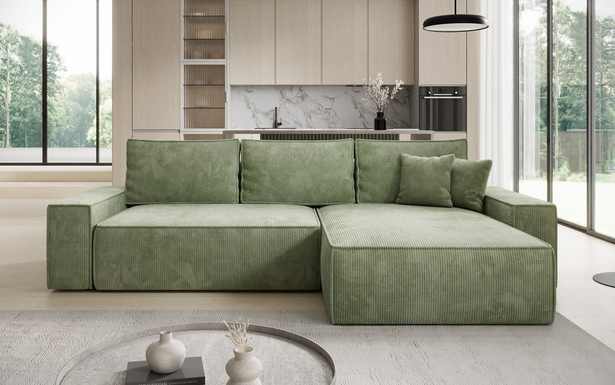 Canapé d’angle design Lunaro avec fonction couchage et fonction rabattable en Côtelé