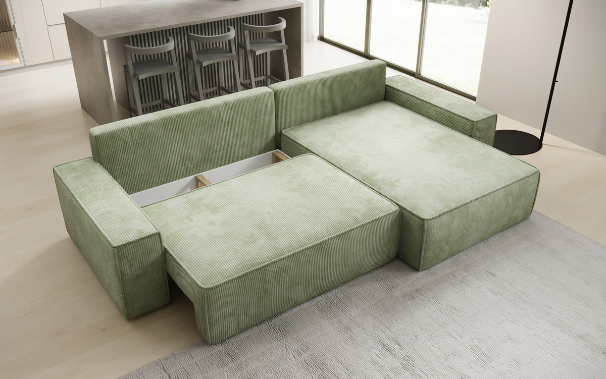 Canapé d’angle design Lunaro avec fonction couchage et fonction rabattable en Côtelé