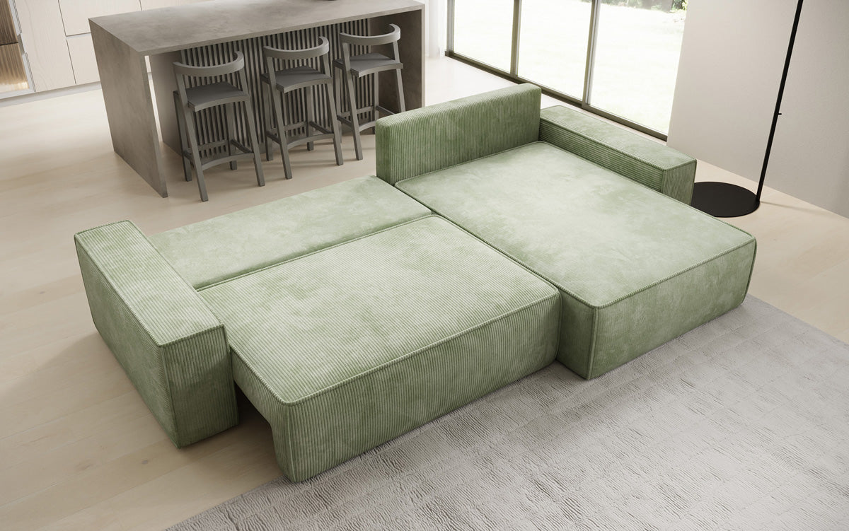 Canapé d’angle design Lunaro avec fonction couchage et fonction rabattable en Côtelé