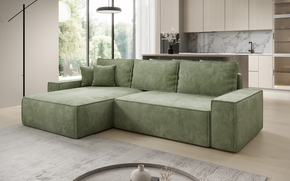 Canapé d’angle design Lunaro avec fonction couchage et fonction rabattable en Côtelé