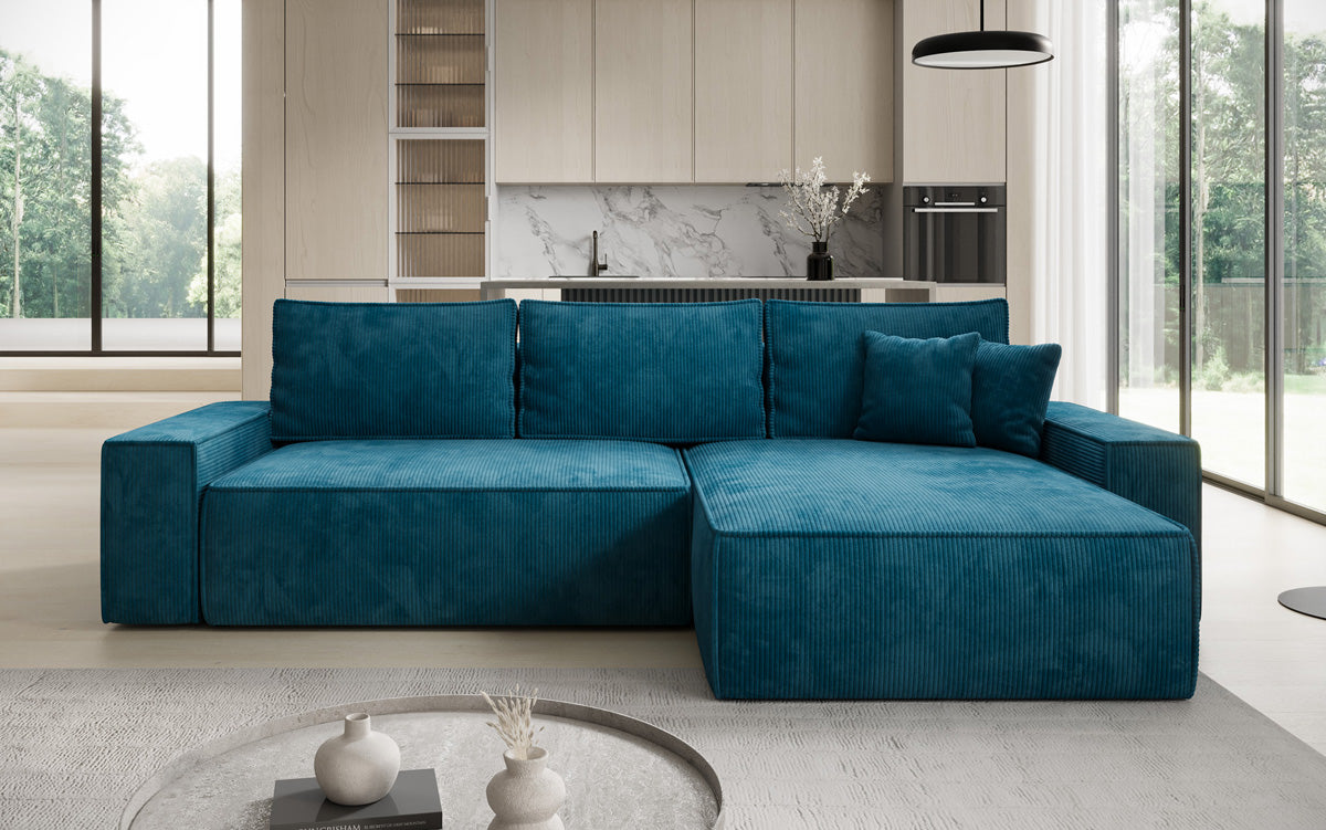 Canapé d’angle design Lunaro avec fonction couchage et fonction rabattable en Côtelé