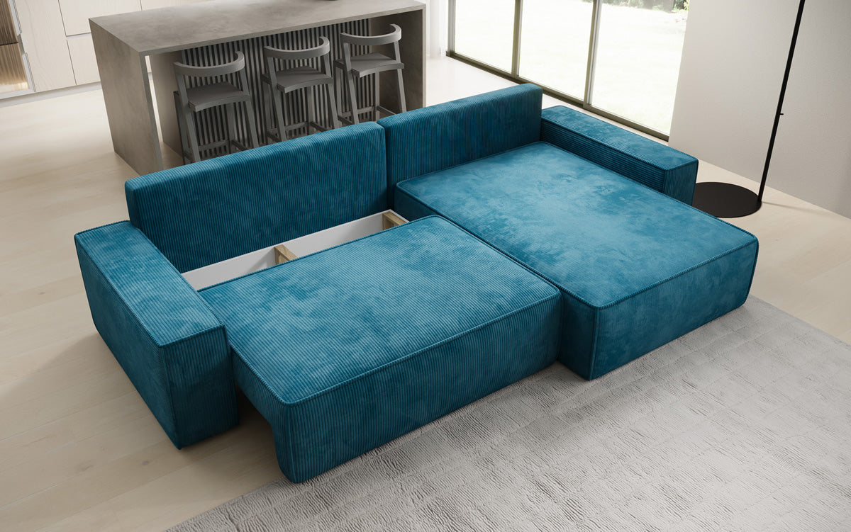 Canapé d’angle design Lunaro avec fonction couchage et fonction rabattable en Côtelé