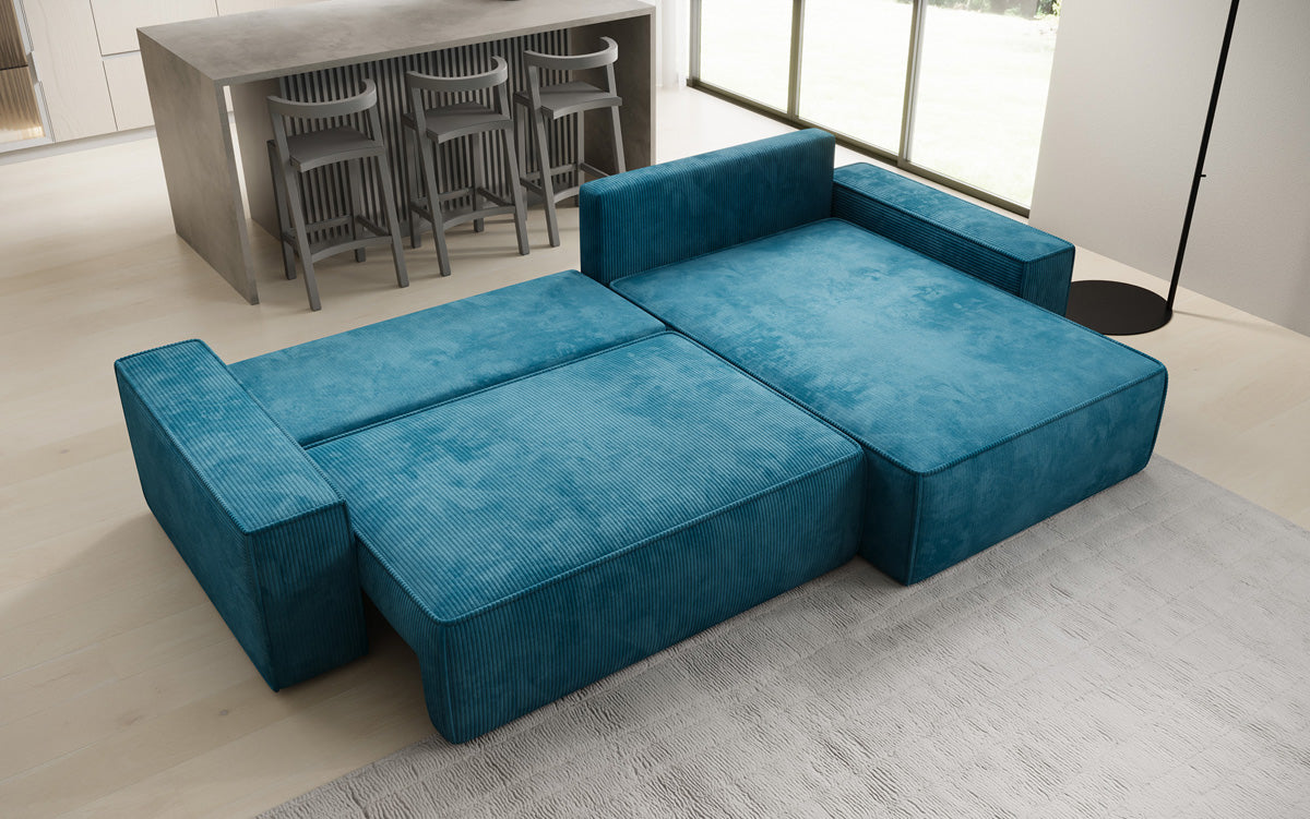 Canapé d’angle design Lunaro avec fonction couchage et fonction rabattable en Côtelé