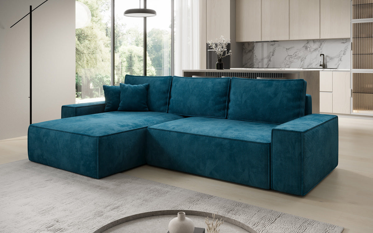 Canapé d’angle design Lunaro avec fonction couchage et fonction rabattable en Côtelé