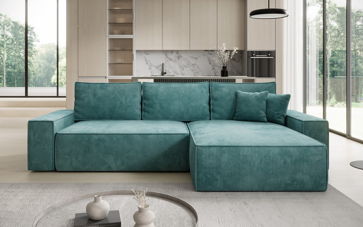 Canapé d’angle design Lunaro avec fonction couchage et fonction rabattable en Côtelé