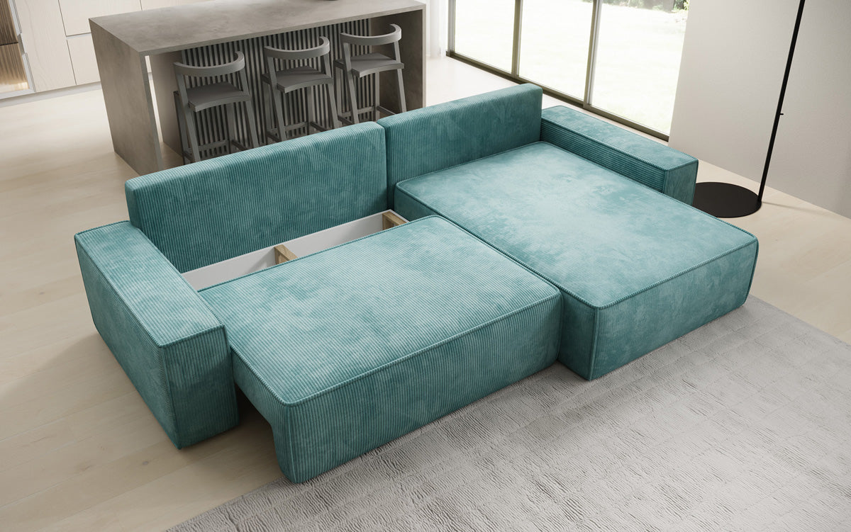 Canapé d’angle design Lunaro avec fonction couchage et fonction rabattable en Côtelé