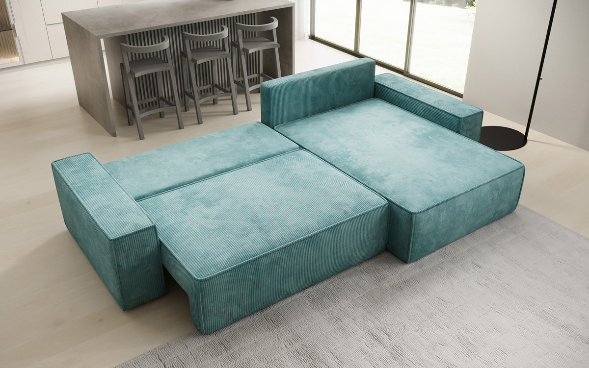 Canapé d’angle design Lunaro avec fonction couchage et fonction rabattable en Côtelé