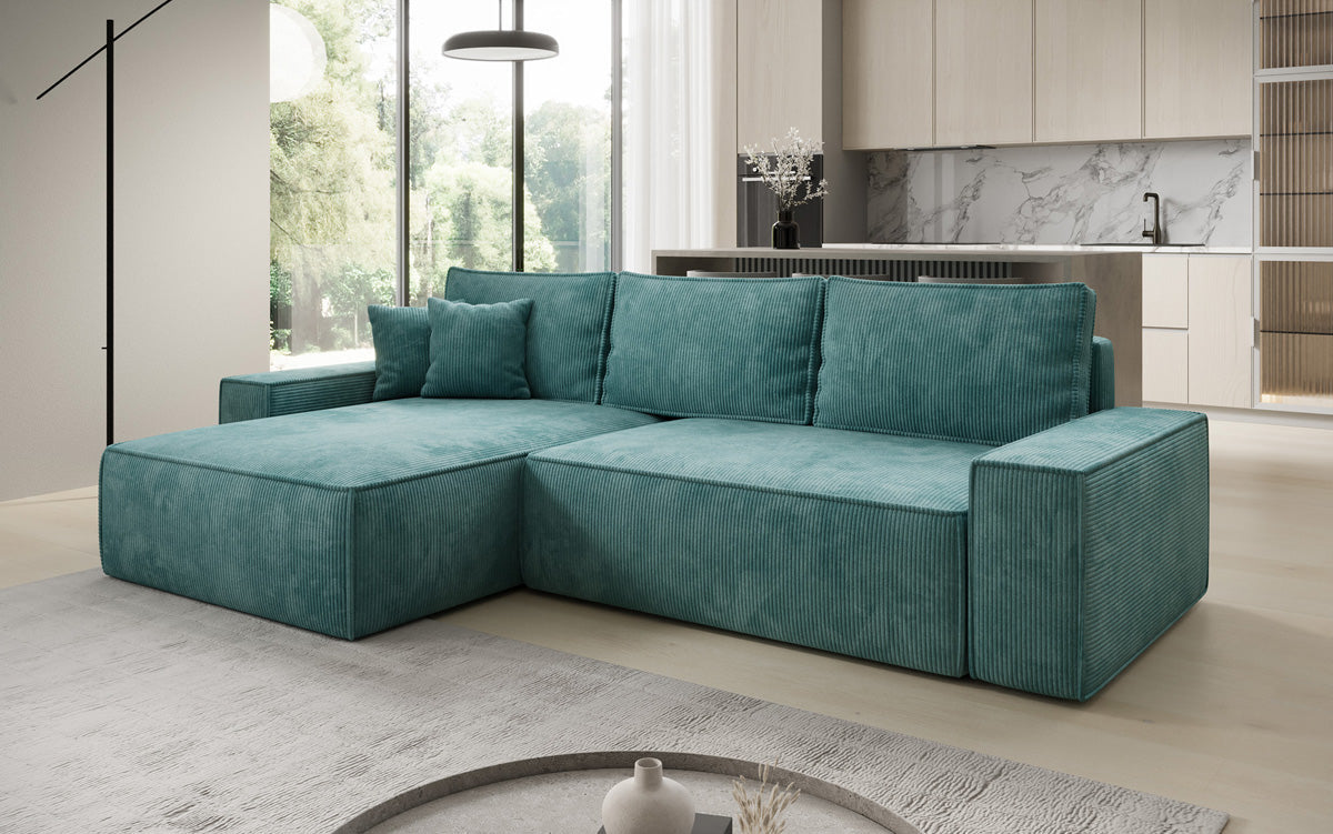 Canapé d’angle design Lunaro avec fonction couchage et fonction rabattable en Côtelé