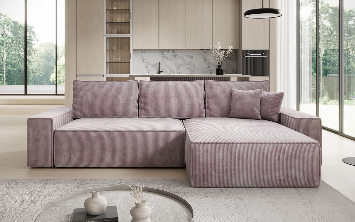 Canapé d’angle design Lunaro avec fonction couchage et fonction rabattable en Côtelé