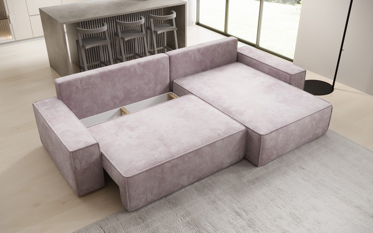 Canapé d’angle design Lunaro avec fonction couchage et fonction rabattable en Côtelé